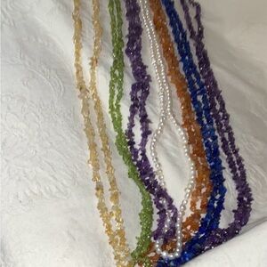 Lot of 7 Multicolor Gemstone Chips and Pearl Necklaces .. 36” Length